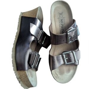 Mephisto Shiny Bronze Buckle Wedge Sandals